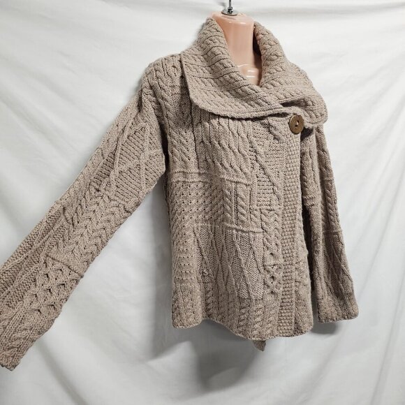 Aran Isles Women Chunky One Button Cardigan Sweater Size M Beige Long Sleeve - Picture 4 of 13